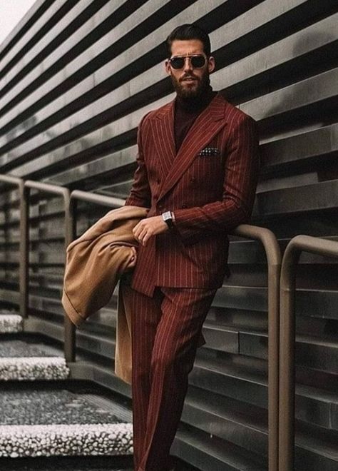 Manstyle #dapper Suit And Tie Men, Double Breasted Pinstripe Suit, Black Double Breasted Suit, Plain Suits, Double Breasted Suit Men, Blue Pinstripe Suit, Suit Colors, Maroon Suit, Black Pinstripe Suit