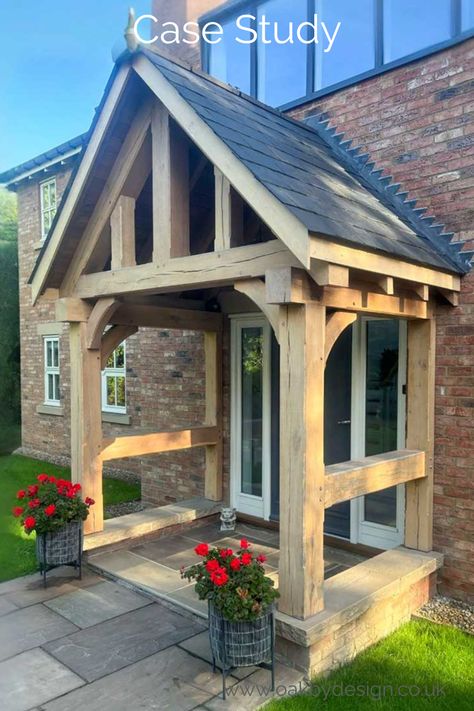 An absolute statement oak porch with its chunky timbers - stunning!  #oakbydesign #oakporch #porch #bespoke Timberframe Porch, Timber Porch, Oak Porches, Porch Oak, Oak Porch, Porch Extension, Oak Framed Buildings, Engineered Oak Flooring, Village Home