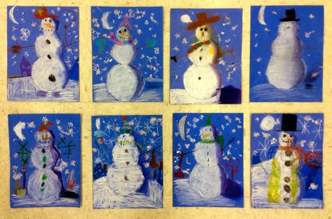 Ms. Curry's Art Room : First Grade Snowmen at Night Snowmen At Night Art, Snowman At Night Craft, Snowmen At Night Craft, Snowmen At Night Activities, Snowman At Night, Snowmen At Night, Story Art, Chalk Pastels, Student Created