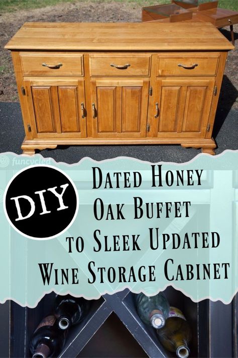 Give a dated buffet a sleek makeover! Repurpose furniture & turn it into a wine storage cabinet! The beauty of furniture makeovers is you can customize them to reflect your personal style and home decor ideas! Get to the thrift store & start thrifting!  #howto #diy #diys #craft #crafts #crafting #handmade #homedecor #decor #makeover #makeovers #redo #repurpose #reuse #recycle #recycling #upcycle #upcycling #unique #furniture #furnituremakeover #furnitureredo #thrifting #thriftstore | sponsored Buffet Cabinet Makeover, Diy Buffet Cabinet, Dresser To Buffet, Storage Cabinet Diy, Refinished Buffet, Wine Storage Cabinet, Diy Buffet, Oak Buffet, Wine Storage Cabinets