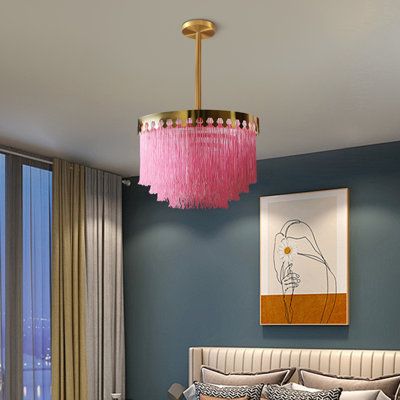 Modern artistic tassel design: The pendant light is a tassel design, made of a beautiful tassel, a soft feel, creates a romantic atmosphere, and is full of artistic flavor. It is suitable for bedrooms and restaurants, adding a touch of fashion and romance to your room. | House of Hampton® Cruel 1 - Light Lantern Globe LED Chandelier Metal in Brown | 12.2 H x 18 W x 18 D in | Wayfair Bedroom Chandelier Master Rainbow, Tassel Chandelier Pottery Barn Teen, Girls Room Chandelier, Pink Bubble Chandelier, Pink Tassel Chandelier, Small Bedroom Ideas For Women, Chandelier Pink, Colorful Chandelier, Makeup Vanities