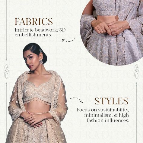 In the 2020s, Indian bridal fashion took a bold leap, blending traditional elements with contemporary aesthetics. This decade marks a significant shift—brides are embracing who they are, showcasing their individuality with confidence.💓 Dusky pastels, shimmery silvers, and elegant champagnes are the colors of this new era, symbolizing a move away from the conventional towards the bold and beautiful. 🌷 This new generation of brides represents a new chapter in Indian fashion, where minimalis... Traditional Wear Story Ideas, Grid Instagram, Post Layout, Typography Tutorial, Indian Clothing Brands, Khadi Saree, Wedding Week, Kurta Dress, Indian Bridal Fashion