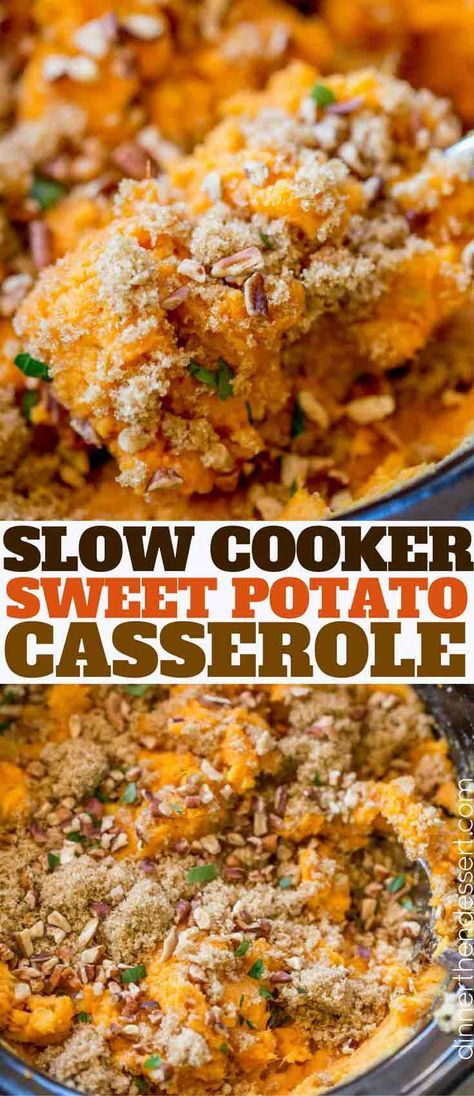 Slow Cooker Sweet Potato Casserole with just a handful of ingredients you'll have a creamy sweet potato side dish with almost no effort and no oven space used! Slow Cooker Sweet Potato Casserole, Sweet Potato Casserole Crock Pot, Crock Pot Sweet Potatoes, Vegan Sweet Potato Casserole, Celebrating Sweets, Best Sweet Potato Casserole, Sweet Potato Side Dish, Sweet Potato Sides, Sweet Potato Thanksgiving