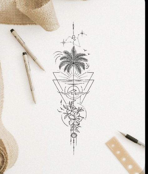 Saltwater Tattoo Ideas, Beachy Forearm Tattoo Women, Vertical Ocean Tattoo, Beach Spine Tattoos For Women, Beachy Spine Tattoo, Ocean Spine Tattoos For Women, Beach Spine Tattoo, Unique Tattoo Ideas For Women Creative, Tropical Tattoo Ideas