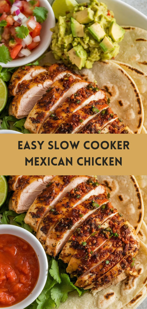 Whip up a delicious, no-fuss meal with this Easy Slow Cooker Mexican Chicken! 🍗🌶️ Just toss in the ingredients and let the slow cooker do the work! Perfect for tacos, burrito bowls, or nachos. Click for the recipe and enjoy bold Mexican flavors with minimal effort! Crock Pot Chicken Burrito Bowl, Mexican Chicken Tacos Recipe, Crock Pot Mexican Recipes, Crockpot Fiesta Chicken, Mexican Crockpot Recipes, Slow Cooker Taco Chicken, Mexican Chicken Breast Recipes, Mexican Chicken Breast, Fiesta Chicken Crockpot