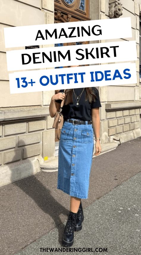 Long Jean Skirt Winter Outfit, Long Denim Skirt Aesthetic, Mid Length Denim Skirt Outfit, Styling Long Denim Skirt, How To Style Jean Skirt, Long Denim Skirt Outfit Winter, Denim Pencil Skirt Outfit, Blue Jean Skirt Outfits, Outfits With Denim Skirt