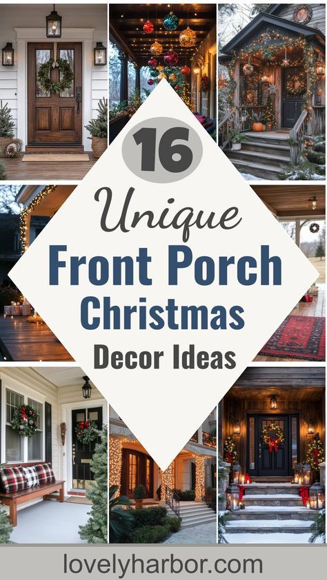 Transform your porch into a festive wonderland with these 16 creative Christmas decor ideas! Start exploring unique ways to elevate your holiday decor. Outdoor Porch Christmas Tree Ideas, Simple Christmas Outdoor Decorations, Christmas Covered Porch, Christmas Small Porch Decorating Ideas, Porch Post Christmas Decorations, Front Christmas Decorations Porch Ideas, Outdoor Christmas Front Porch Ideas, Front Porch Decorating Christmas, Outside Decorations For Christmas