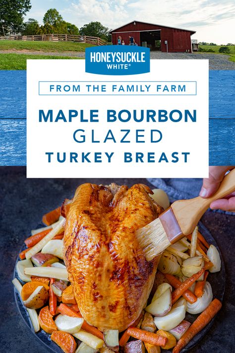 Butter, maple and a little bourbon. It’s a recipe for goodness, glazed over a juicy, bone-in turkey breast. Bone In Turkey Breast, Maple Bourbon Glaze, Bourbon Turkey, Glazed Turkey, Cooking Turkey Breast, Bourbon Glaze, Small Red Potatoes, Maple Bourbon, Turkey Glaze