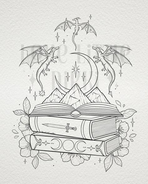 Fourth Wing x SJM Bookstack for the lovely Alexis ✨🗡️ there is also hints of FBAA in this pretty design for her! Love doing cross fantasy series pieces 🖤 what series would you guys put in a bookstack? #tattoodesign #acotar #sarahjmaas Fourth Wing Book Tattoo, Tattoos For Authors, Fourth Wing Acotar Tattoo, The Fourth Wing Tattoo, Fourth Wing And Acotar Tattoo, Fourth Wing Inspired Tattoo, Acotar And Fourth Wing Tattoo, Forth Wing Tattoos, Acotar Fourth Wing Tattoo