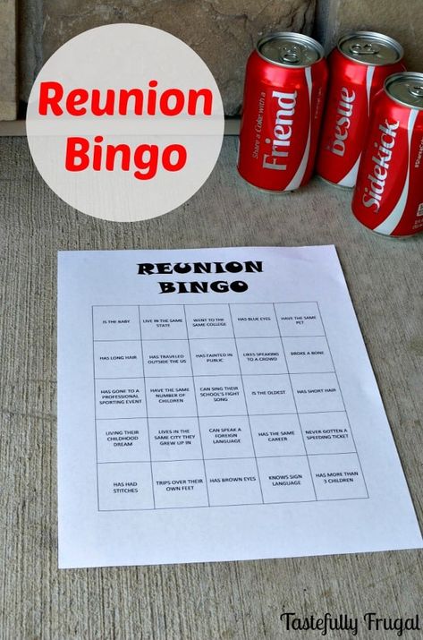 School Reunion Decorations, Bingo Free Printable, Class Reunion Planning, 50th Class Reunion Ideas, Family Reunion Themes, Family Reunion Decorations, Family Reunion Activities, Reunion Centerpieces, Family Reunion Favors