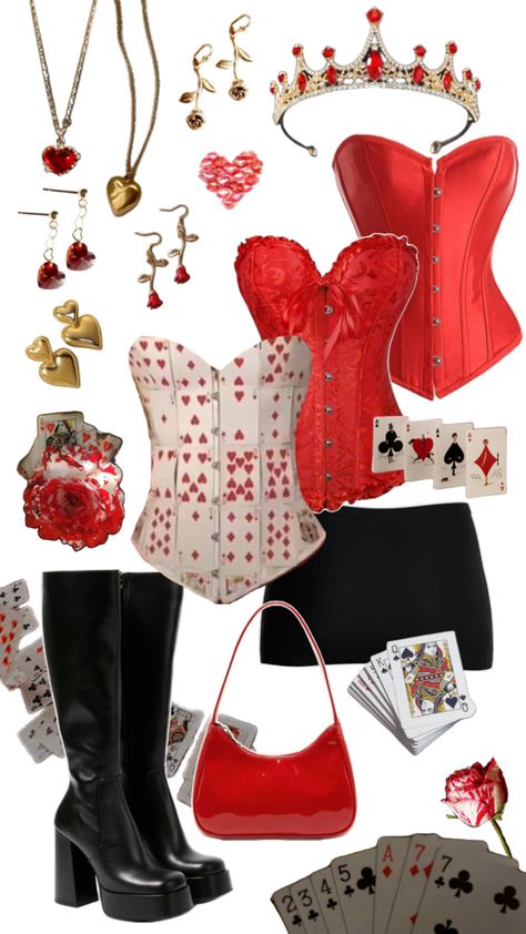 Inspo queen of hearts costume Red Queen Costume, Queen Of Hearts Halloween Costume, Queen Of Hearts Halloween, Queen Of Hearts Makeup, Halloween Costumes For Work, Heart Costume, Bff Halloween Costumes, Queen Of Hearts Costume, Halloween Queen