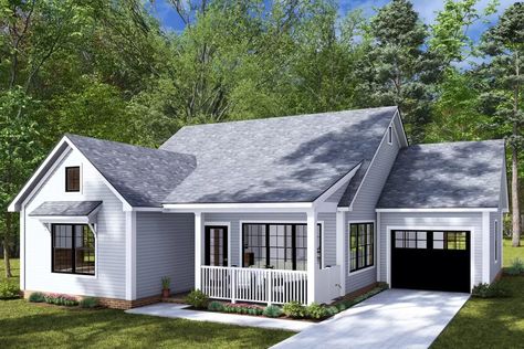 This  cottage house plan  gives you 1,210 square feet of heated living space, 2 beds, 2 baths and a 288 square foot 1-car garage. Architectural Designs' primary focus is to make the process of finding and buying house plans more convenient for those interested in constructing new homes - single family and multi-family ones - as well as garages, pool houses and even sheds and backyard offices. Our website offers a vast collection of home designs, encompassing various architectural Cottage Floor Plan, Granny Cottage, Cottage Flooring, Small Cottage House Plans, Cottage House Plan, Cottage Style House Plans, Small House Floor Plans, Backyard Office, Narrow House