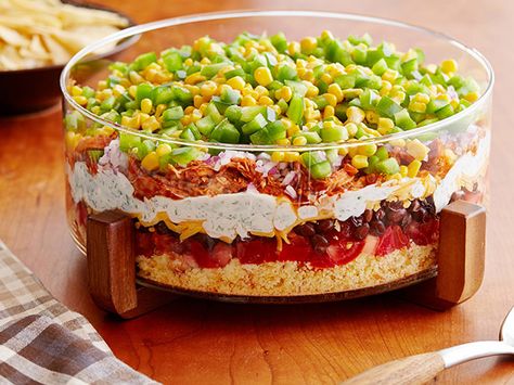 Eight-Layer Chicken Chili Dip recipe from Food Network Kitchen via Food Network Chicken Chili Dip, Southern Cornbread Salad, Chili Dip Recipes, Cornbread Salad, Layer Chicken, Chili Dip, Homemade Cornbread, Layered Salad, Dip Recipe