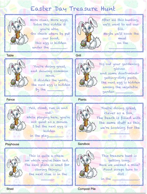 Free printable Easter Egg Hunt: mix-and-match clues plus a page of blanks to make up your own! Easter Egg Scavenger Hunt Clues, Easter Riddles, Easter Scavenger Hunt Clues, Egg Hunt Clues, Easter Egg Scavenger Hunt, Easter Egg Hunt Clues, Easter Eggs Hunt, Easter Treasure Hunt, Scavenger Hunt Riddles