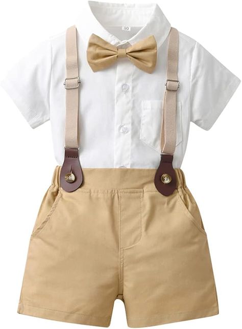 Amazon.com: IMEKIS Summer Toddler Baptism Christening Outfits for Boys Baby Wedding Outfit Dress Clothes Easter Shirt Bowtie Suspenders Shorts 1st Birthday Kids Formal Gentleman Suits White + Khaki 2-3T: Clothing, Shoes & Jewelry Boy Wedding Outfit, Toddler Jumpsuit, Gentleman Outfit, Boys Fits, Toddler Romper, Short Sleeve Dress Shirt, 3rd Party