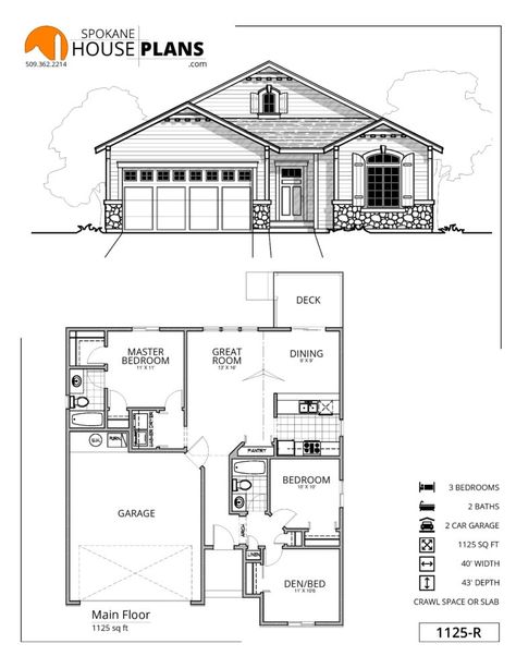 1125-R | Spokane House Plans Blue Print Design, Cabin Projects, Mini House Plans, 1200 Sq Ft House, Three Bedroom House Plan, Classical House, Cabin Floor, Free House Plans, Blue Prints