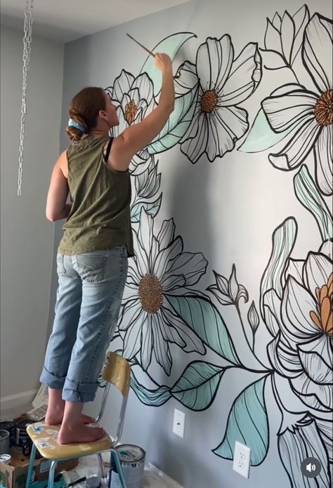 Monochromatic Mural Wall Art, Wall Murals Diy Floral, How To Paint A Floral Wall Mural, Painted Accent Wall Kitchen, Painted Flower Wall Mural, Mural Accent Wall Bedroom, Diy Flower Wall Mural, Painted Murals On Walls Bedrooms, Wall Murals Painted Living Room