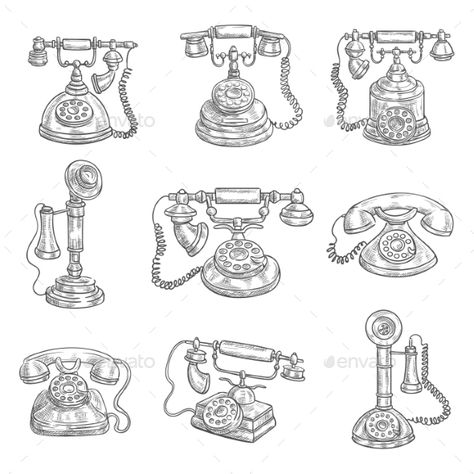 Old Retro Phones Pencil Sketch Icons Telephone Drawing, Retro Phones, Telephone Retro, Antique Phone, Telephone Vintage, Antique Telephone, Sketch Icon, Retro Phone, Vintage Phones