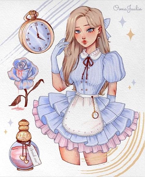 illustration by Oona Juulia Alice In Wonderland Fanart, Alice In Wonderland Outfit, Alice In Wonderland Drawings, Alice In Wonderland Aesthetic, Alice In Wonderland Disney, Disney Princess Artwork, Cute Disney Drawings, Down The Rabbit Hole, The Rabbit Hole