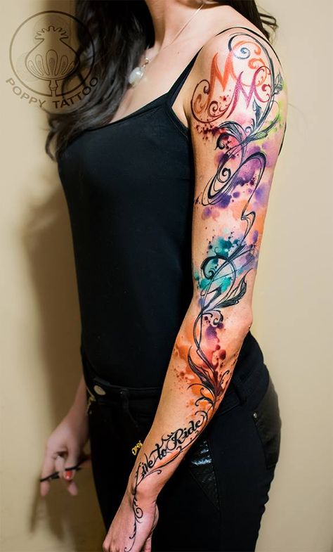 Colorful Sleeve Tattoos, Watercolor Tattoo Sleeve, Colour Tattoo For Women, Women Watercolor, Full Arm Tattoos, Tattoos For Women Half Sleeve, Shoulder Tattoos, Full Body Tattoo, Tattoo Women