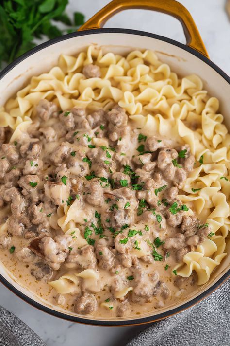 The Best Hamburger Stroganoff Recipe | One Pot Dinner Hamburger Stroganoff Recipe, Hamburger Stroganoff, Sour Cream Sauce, Stroganoff Recipe, One Pot Dinner, Satisfying Food, Weeknight Dinner, Lunch Recipes, One Pot