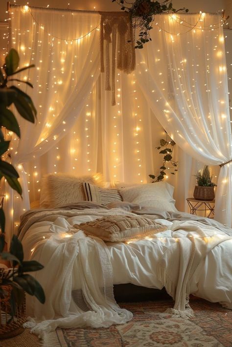 29 Boho Bedroom with Curtain Lights Ideas for a Dreamy Ambiance 22 Curtains On Slanted Ceiling, Bedroom Curtains Aesthetic, Christmas Ceiling Decor, Curtain Lights Bedroom, Bedroom With Curtains, Boho Bedroom Lighting, Layering Curtains, Sun Bedroom, Christmas Ceiling