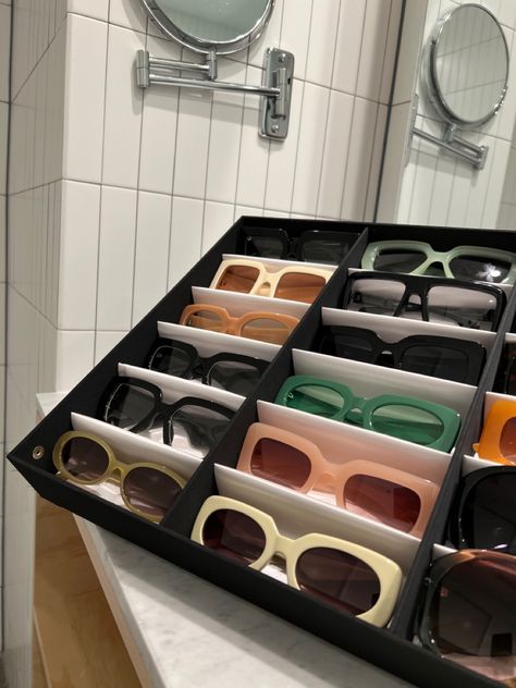 Eyeglasses Storage Ideas, Sunglasses Collection Aesthetic, Sunglass Display Ideas, Sunglass Storage Ideas, Glasses Storage Ideas, Sunglasses Organization, Glasses Box Case, Aesthetic Organizer, Sunglass Storage