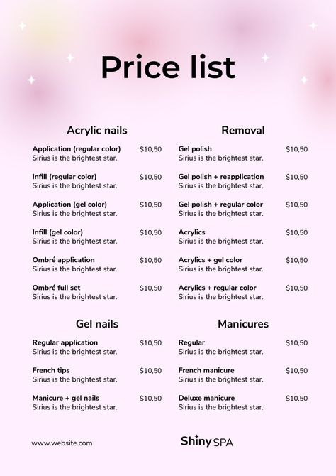 Promoting Nail Business, Nail Salon Checklist, Acrylic Nail Price List Ideas, Prices For Nails, Acrylic Nails Price List, Nail Tech Schedule, Nail Flyers Ideas, Nail Tech Inventory List, Nail Artist Name Ideas