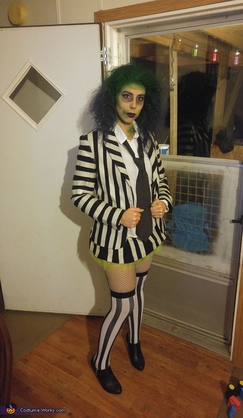 Hot Beetlejuice Costume, Beetlejuice Female Costume, Beetlejuice Cosplay Female, Womens Beetlejuice Costume, Girl Beetlejuice Costume, Beetlejuice Makeup Female, Lady Beetlejuice, Beetlejuice Costume Female, Beetlejuice Girl Costume