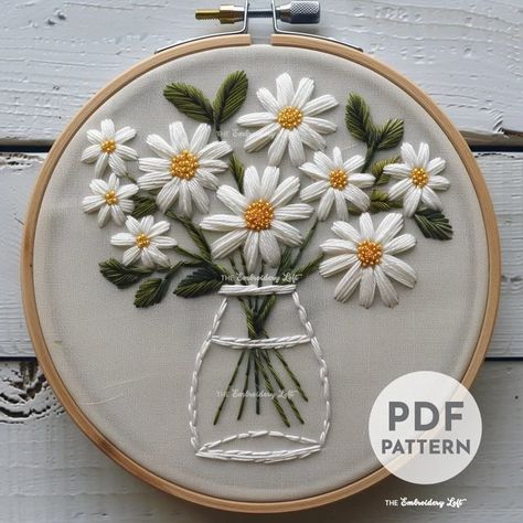 TheEmbroideryLoftCo - Etsy Canada Embroidery Flowers Stitch, Flower Centers Embroidery, Flowers In A Jar Embroidery, Daisy Flower Embroidery Free Pattern, Simple Embroidery Patern, Needle Point Asthetic Flowers, Simple Floral Embroidery Template, Embroidery Canvas Art Flowers, How Do You Embroider Flowers