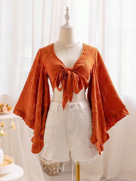 Brown Casual Collar Three Quarter Length Sleeve Woven Fabric Plain Top Embellished Slight Stretch  Women Clothing Bell Sleeve Top Outfit 70s, Pirate Shirts For Women, Boho Styles For Women, Open Back Shirts For Women, Orange Bell Sleeve Top, Hippy Clothes For Women, 70s Wrap Top, Esentric Fashion Women, Creative Tops Fashion