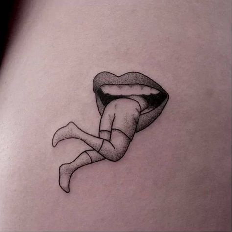 Hand poked man eater tattoo. Tongue Tattoo, Small Thigh Tattoos, Sharp Tongue, Anatomy Tattoo, Blade Tattoo, Man Eater, Ancient Tattoo, Type Tattoo, Handpoke Tattoo