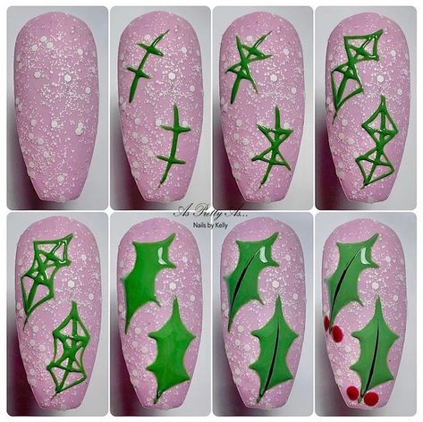 Kelly Scothorn on Instagram: "Holly!! Have you ever found yourself thinking of easier ways to draw things? Well this step by step I did last year will help with one way of drawing holly leaves. Now these pictorials are aimed at helping others in their nail art. This is why I share them. I am not for one minute saying this is the only way to draw holly, but it’s one way which might help. If you think it will help, then save it ♥️ Using @magpie_beauty products #everythingmagpie #asprettya Christmas Nail Designs Easy, Nail Art Noel, Xmas Nail Art, Nail Tutorial Videos, Retro Nails, Manicure Nail Designs, Nail Drawing, Nail Designs Tutorial, Nail Art For Beginners