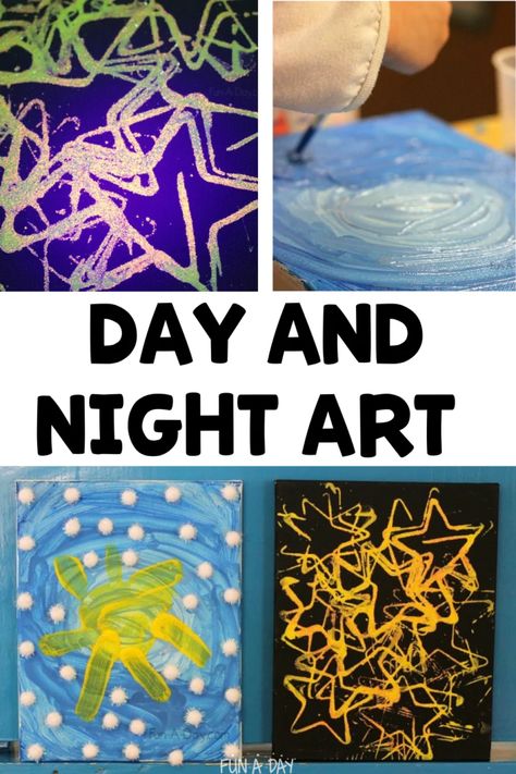 Explore the concept of day versus night with this day and night art project for preschool, pre-k, and kindergarten kids. Make it as a collaborative project or an individual one during your next space or day/night unit. Click on the Fun-A-Day.com link for more information. Day Night Craft Preschool, Preschool Night And Day Theme, Day And Night Crafts Preschool, Day Night Activities For Preschool, Day Vs Night Preschool, Day And Night Activities, Preschool Day And Night Craft, Teaching Day And Night Preschool, Day And Night Kindergarten