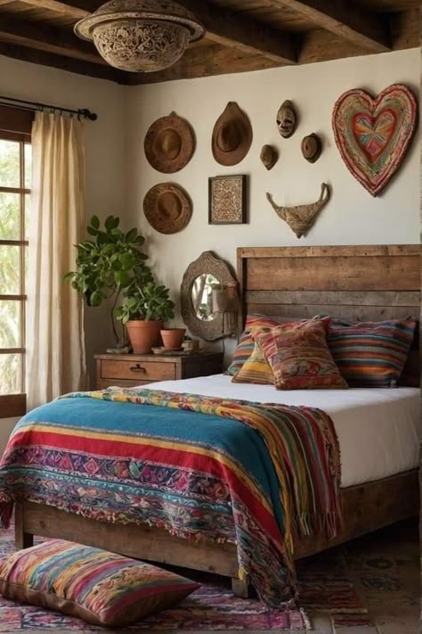 Southwest Farmhouse, Mexican Bedroom, Boho Chic Bedroom Decor, Mexican Interior Design, Spanish Home Decor, Chic Bedroom Decor, Mexican Home Decor, Mexican Home, Bohemian Bedroom Decor