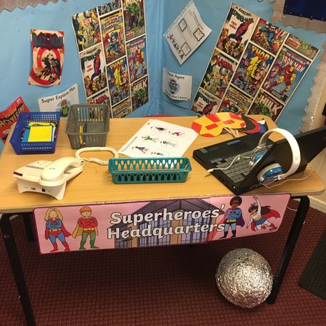 Super hero role play area. Year 2. Superhero topic. Superhero Language Activities, Superhero Role Play Eyfs, Ks1 Role Play Area, Year 1 Superhero Activities, Year 1 Role Play Area, Superhero Role Play Area, Superhero Dramatic Play Preschool, Eyfs Role Play Ideas, Superhero Eyfs Activities