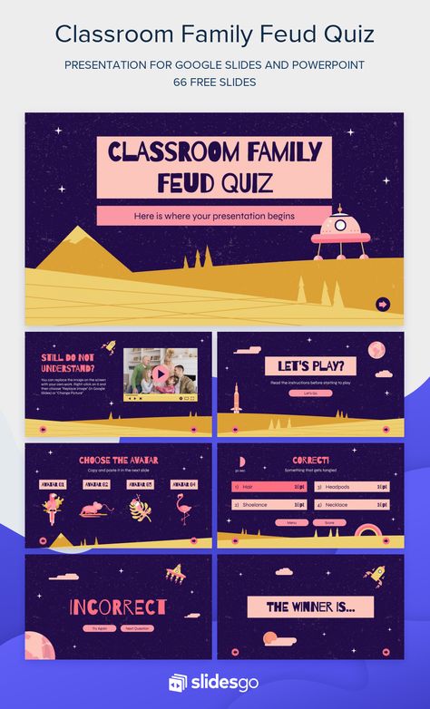 Have family fun with this interactive game template and galaxy-inspired design. Download it for Google Slides and PowerPoint. Quiz Powerpoint Template, Interactive Educational Games, Interactive Google Slides, Interactive Powerpoint Games, Quiz Game Design, Quiz Template Design, Interactive Illustration, Powerpoint Quiz Template, Game Presentation