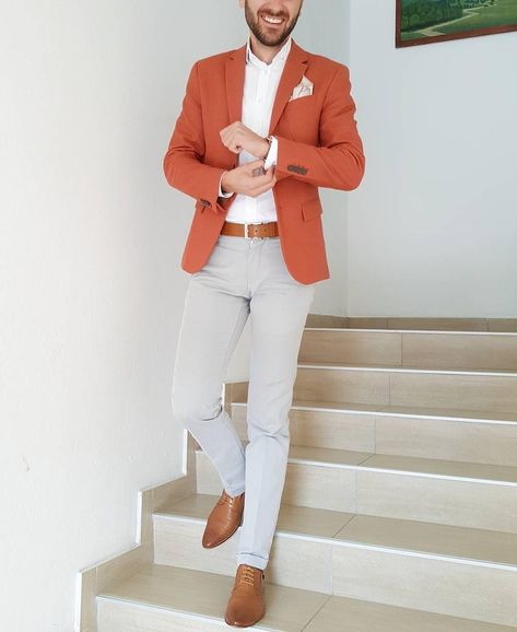 Color Combinations Fashion, Men Blazer Outfit, Orange Shirt Outfit, Orange Blazer Outfits, Grey Slim Fit Suit, Man Dress Design, Mens Wardrobe Essentials, Mens Fashion Coat, Blazer Outfits Men