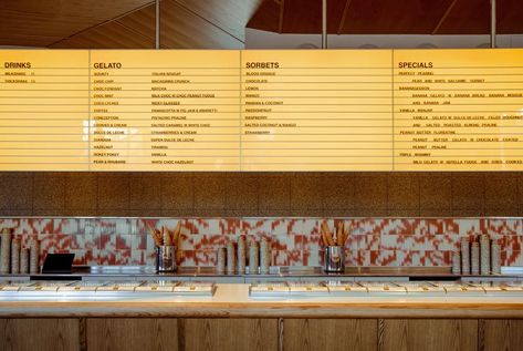 Gelato Messina Adelaide by Sans Arc Studio | ArchitectureAU Gelato Store, Concrete Furniture Design, Yellow Terrazzo, Bounty Chocolate, Essay Writing Competition, Gelato Shop, Raspberry Cookies, Whisky Bar, Timber Ceiling