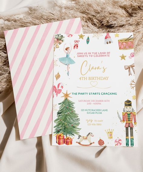 Nutcracker Invitations Design, Nutcracker Brunch, Girl 4th Birthday, Audrey Marie, Nutcracker Pink, Nutcracker Christmas Party, Nutcracker Birthday, First Birthday Winter, Girls Christmas Party