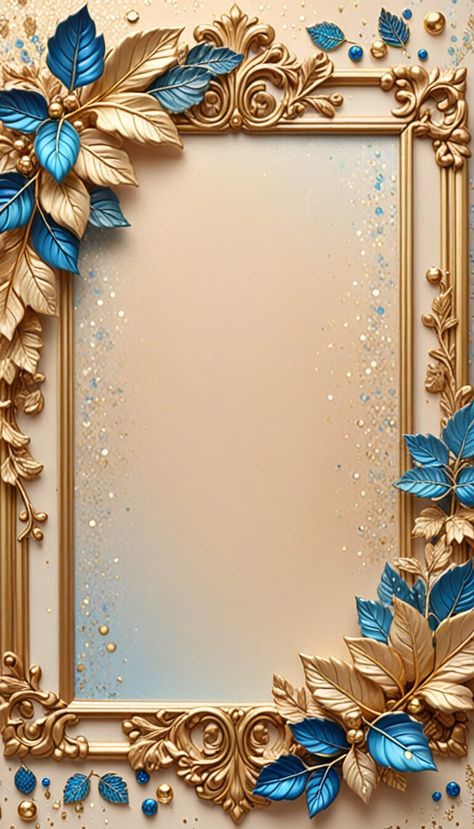 Wallpaper - frame with golden and blue leaves - AI creation Golden Flower Frame, Golden Frame Background, Blue Invitation Card, Blue And Gold Flowers, A4 Size Paper Border Design Flower, Wallpaper Frame, Sparkly Iphone Wallpaper, Royal Frame, Gold Design Background