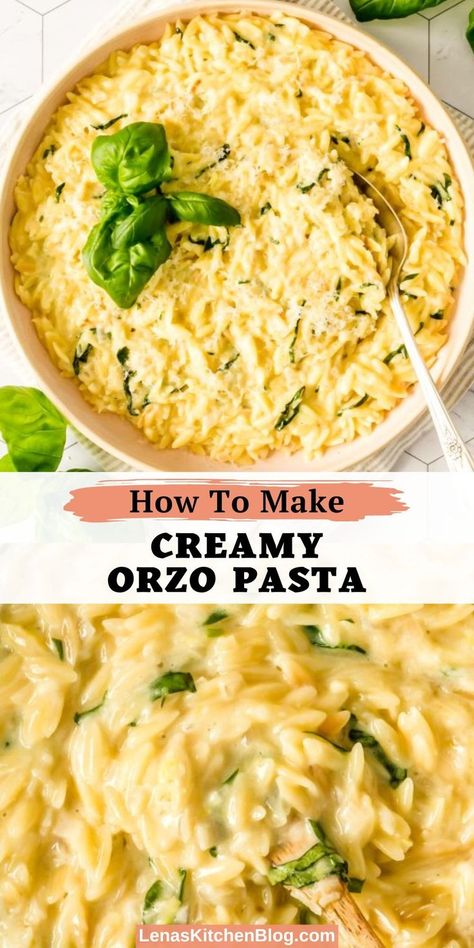 This Creamy Orzo Pasta is a luxurious and cheesy dish that’s ready in 20 minutes. It’s a quick and comforting one-pan recipe you can enjoy as an appetizer, side dish, or main. Creamy Orzo Recipes, Creamy Orzo Pasta, Cheesy Orzo, Heavy Cream Recipes, Orzo Pasta Recipes, Parmesan Orzo, Creamy Orzo, Pasta Recipes Alfredo, Creamy Pasta Recipes