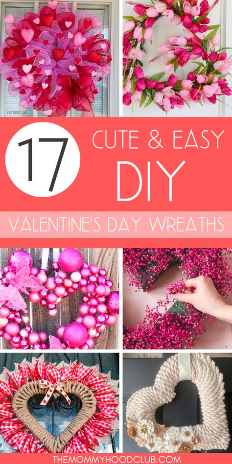 DIY VALENTINES WREATH IDEAS- dress up your porch or front door with these easy Valentine's Day wreaths! Simple ideas to make or sell. Ideas from the dollar store or dollar tree. Diy Heart Shaped Wreath, Dollar Tree Wreath Valentines, Valentines Day Wreaths Diy, Dollar Tree Valentines Wreath Diy, Valentines Wreath Ideas Dollar Tree, Heart Wreaths For Front Door, Diy That Sells, Diy Dollar Tree Valentine Wreath, Diy Valentine Door Decorations