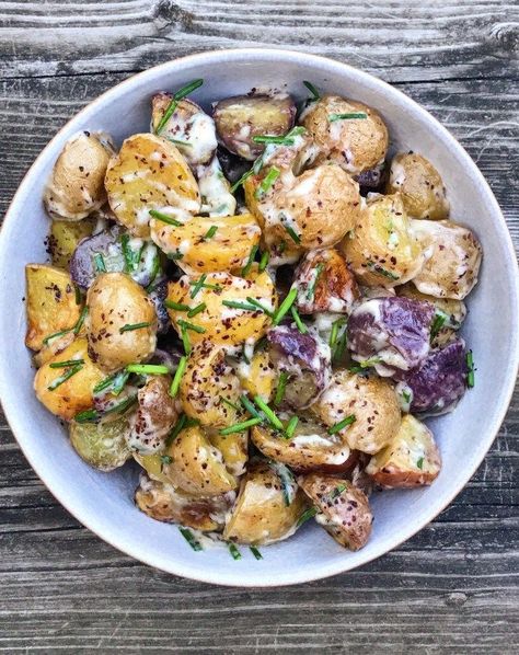 Creamy Garlic Roasted Potato Salad – The Dish On Healthy Potato Salad No Mayo, Roasted Potato Salad, Potato Salad Mustard, Roasted Potato Salads, Potato Salad Dressing, Potato Salad Recipe Easy, Potato Salad With Egg, Garlic Roasted Potatoes, Roasted Potato