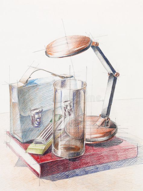 Colored still life study on object composition stock illustration Objects Composition Drawing, Still Life Composition Drawings, Object Composition Drawing, Composition Drawing Sketches, Composition Of Objects, Everyday Sketches, Object Composition, Pencil Rendering, Still Life Study