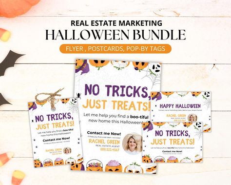 Halloween Real Estate Marketing Template Flyer Gift Tag Post Cards and Realtor Handouts Ideas, Neighborhood Real Estate Agent Referral Tag Halloween Real Estate Marketing Ideas, Realtor Handouts, Listing Presentation, Halloween Flyer, Postcard Template, Marketing Template, Tag Template, Post Cards, Social Media Template