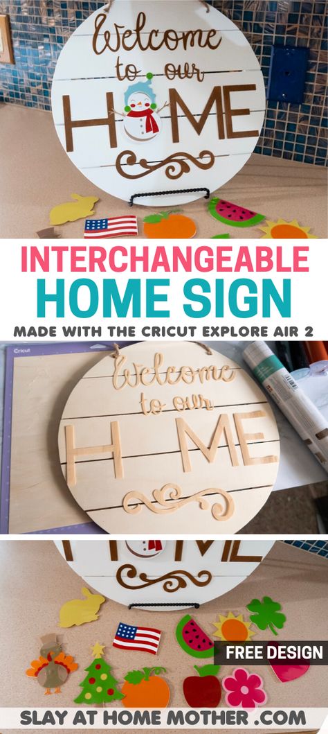 Interchangeable Home Sign Made With Cricut Explore Air 2: learn how to cut wood and vinyl to with this machine, and get the free plans to craft this yourself! #cricutcreated #ad #slayathomemother #crafts #cricut Interchangeable Home Sign, Cricut Explore Air Projects, Christmas Crafts To Sell, Cricut Explore Projects, Christmas Gifts To Make, Projets Cricut, Cricut Explore Air 2, Cricut Explore Air, Home Sign