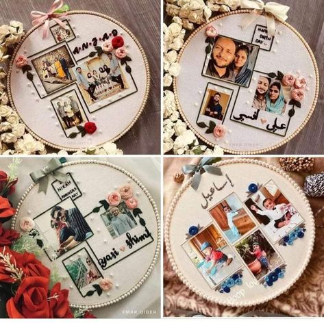 Instax Embroidery Hoop, Hoop Frame Ideas, Instax Embroidery, Embroidery Hoop Frame, Embroidery With Photo, Calender Hoop Embroidery Pattern, Embroidery Hoop Photo Frame, Embroidered Picture Frame, Family Embroidery Ideas