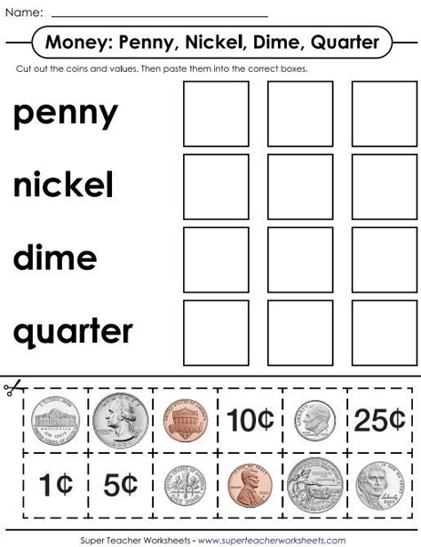 Coin Identification Worksheet Coins Kindergarten, Kindergarten Money Worksheets, Teaching Coins, Coin Identification, Money Kindergarten, Counting Money Worksheets, Money Math Worksheets, Learning Money, Teaching Money