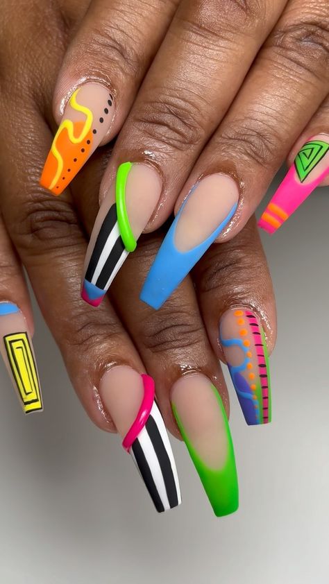 Annick Nicole | Inspired set 💫 . #glamdbyannick #blacknailtech #explore #explorepage #acrylicnails #bombnails #longnails #houstonnails #htxnails... | Instagram 80s Themed Nail Art, Flouresant Nails, Building Gel Nail Designs, Fire Design On Nails, Nail Designs Soft Pink, Line Design Nail Art, 80s Theme Nails, Spring Nails Black Women, Extra Nails Designs